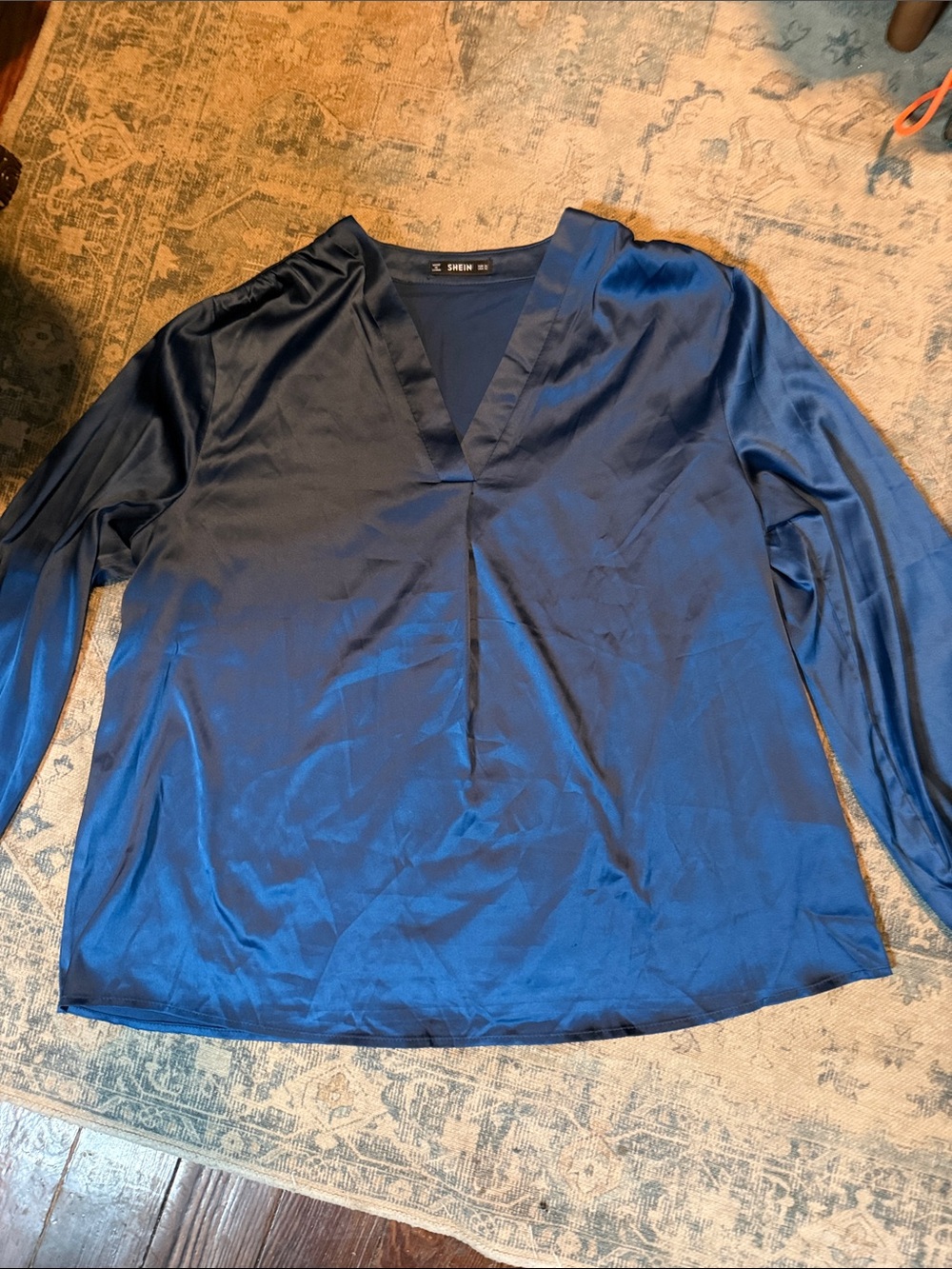 SHEIN Men's Satin Deep Blue V-Neck Long Sleeve Shirt